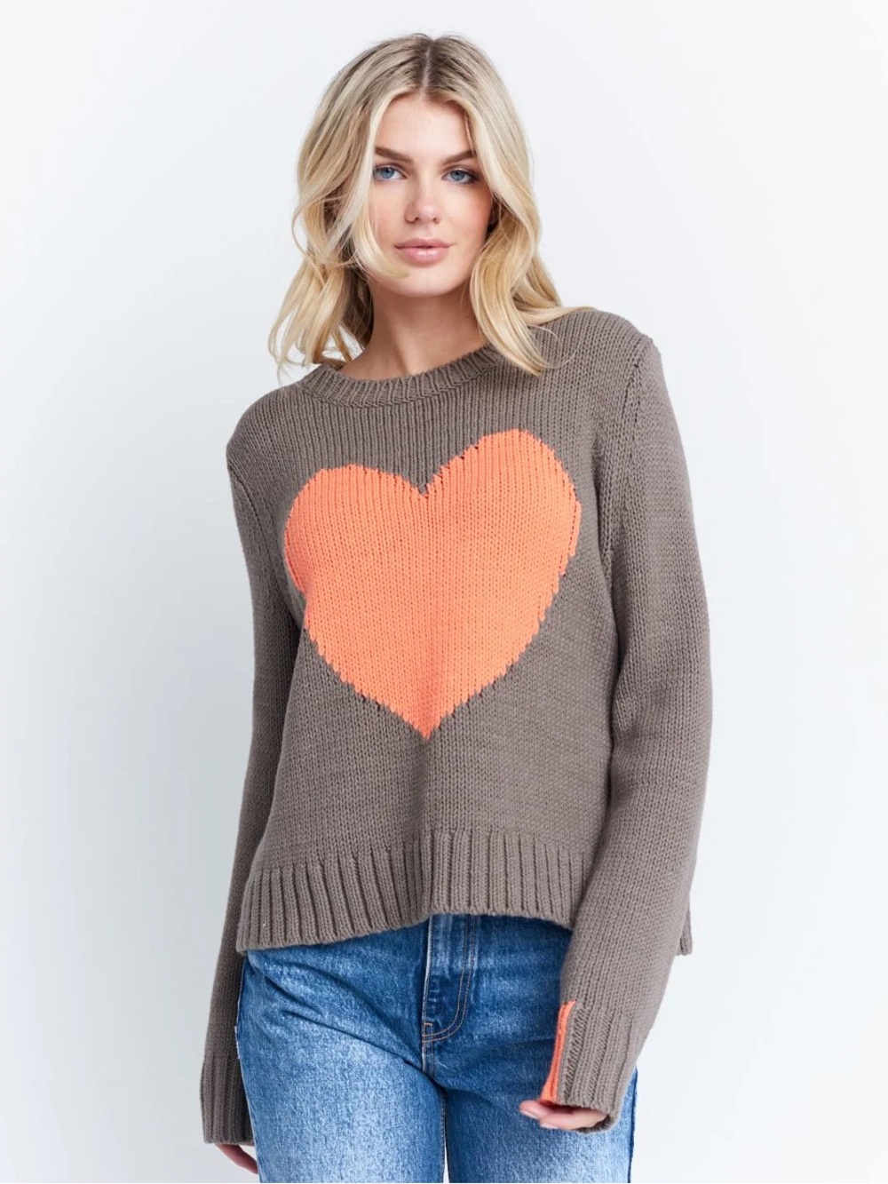 Lisa Todd || Mad Love Sweater in Reed‎ Heart Knit Taupe Coral Small